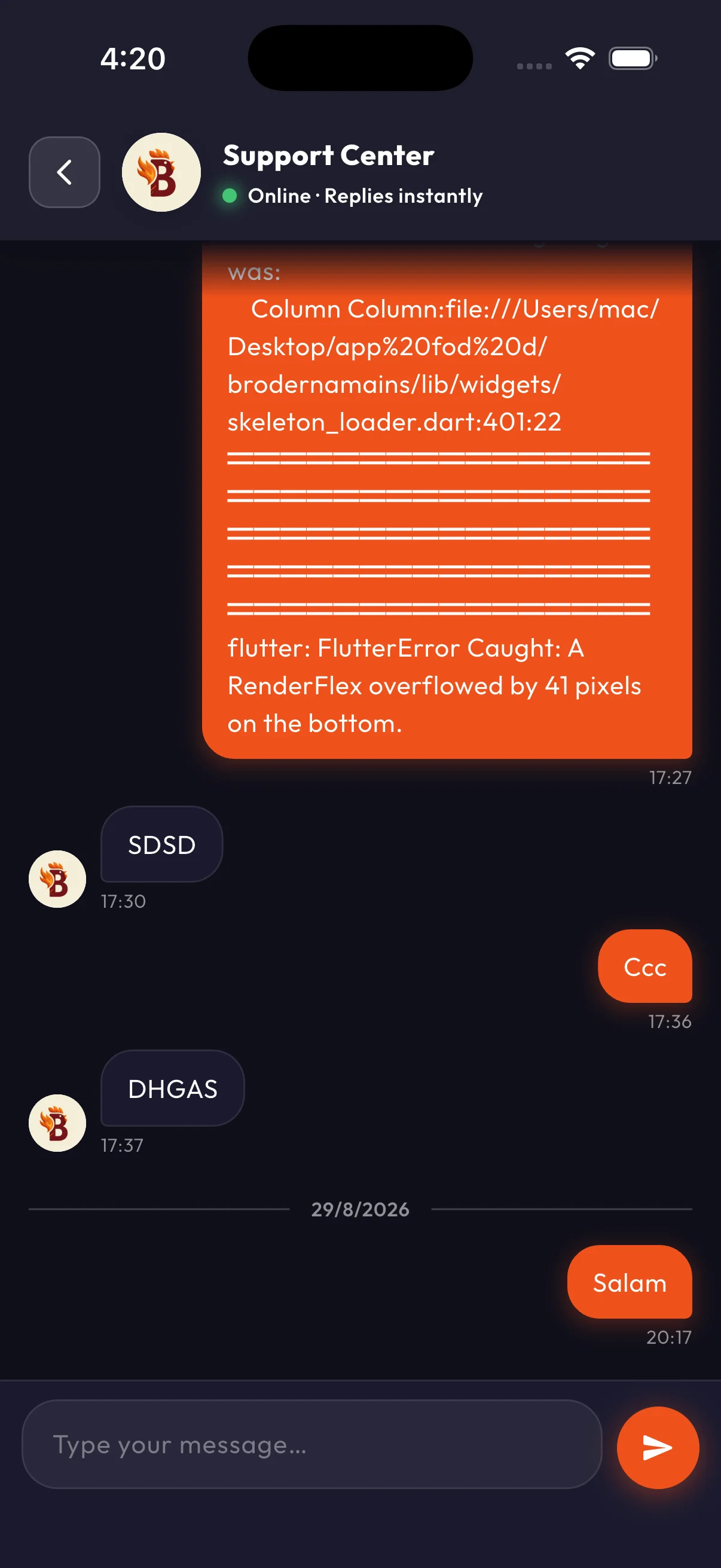 Live Support Chat Screen