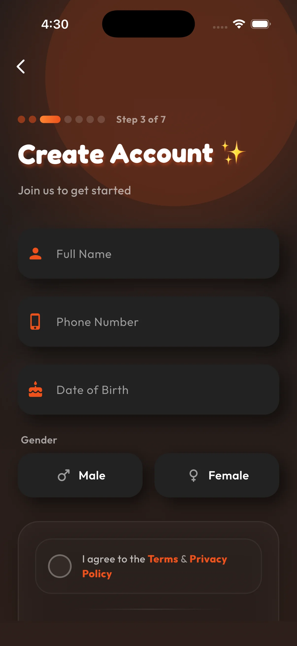 Sign Up Personal Info Screen